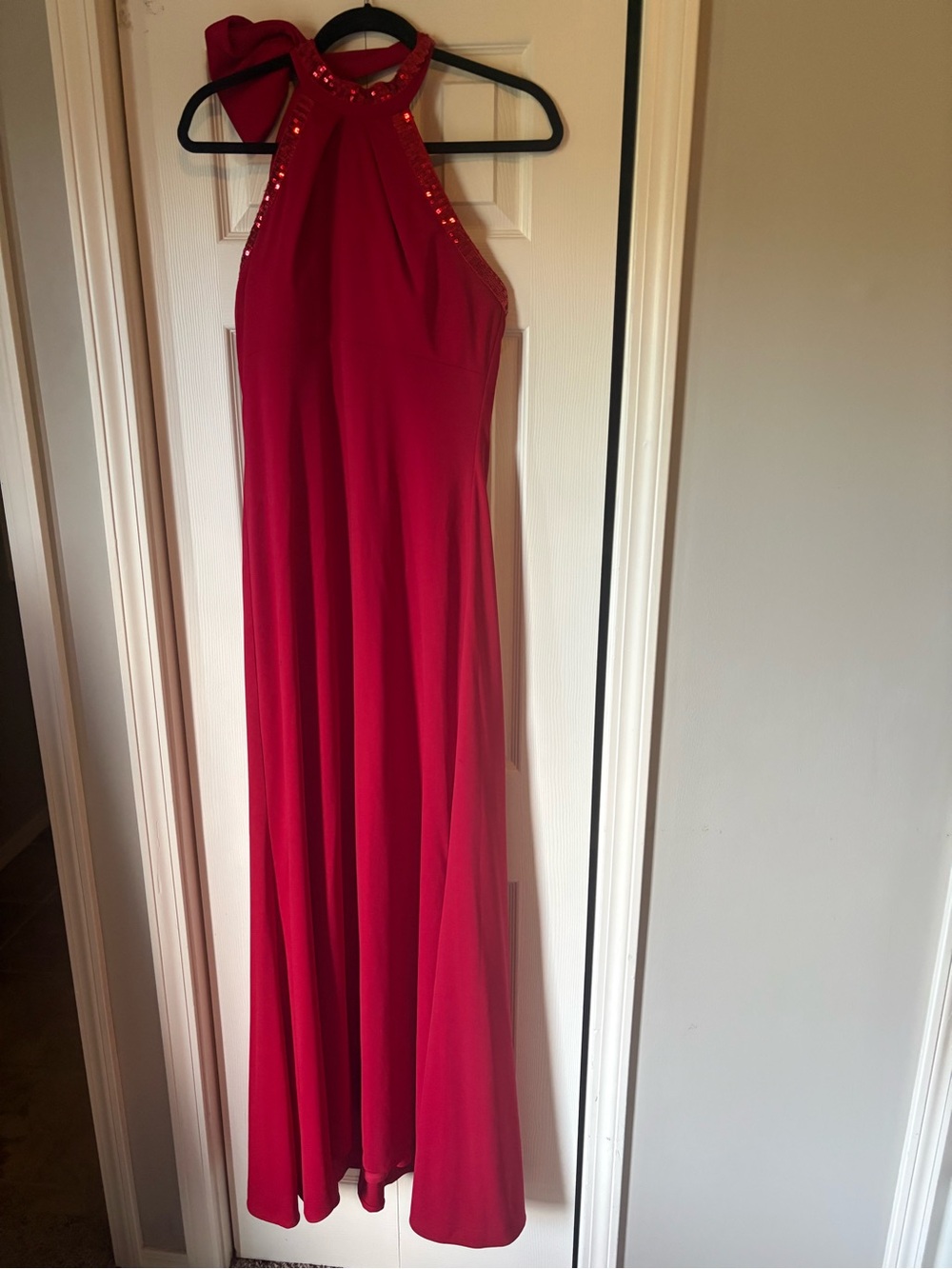 Night Way Collections Red Halter Maxi Dress with Sequin Trim